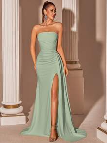 Elisanya 奶油黄色优雅露肩高腰开衩长款系带舞会礼服 - 綠色 - 查看 1