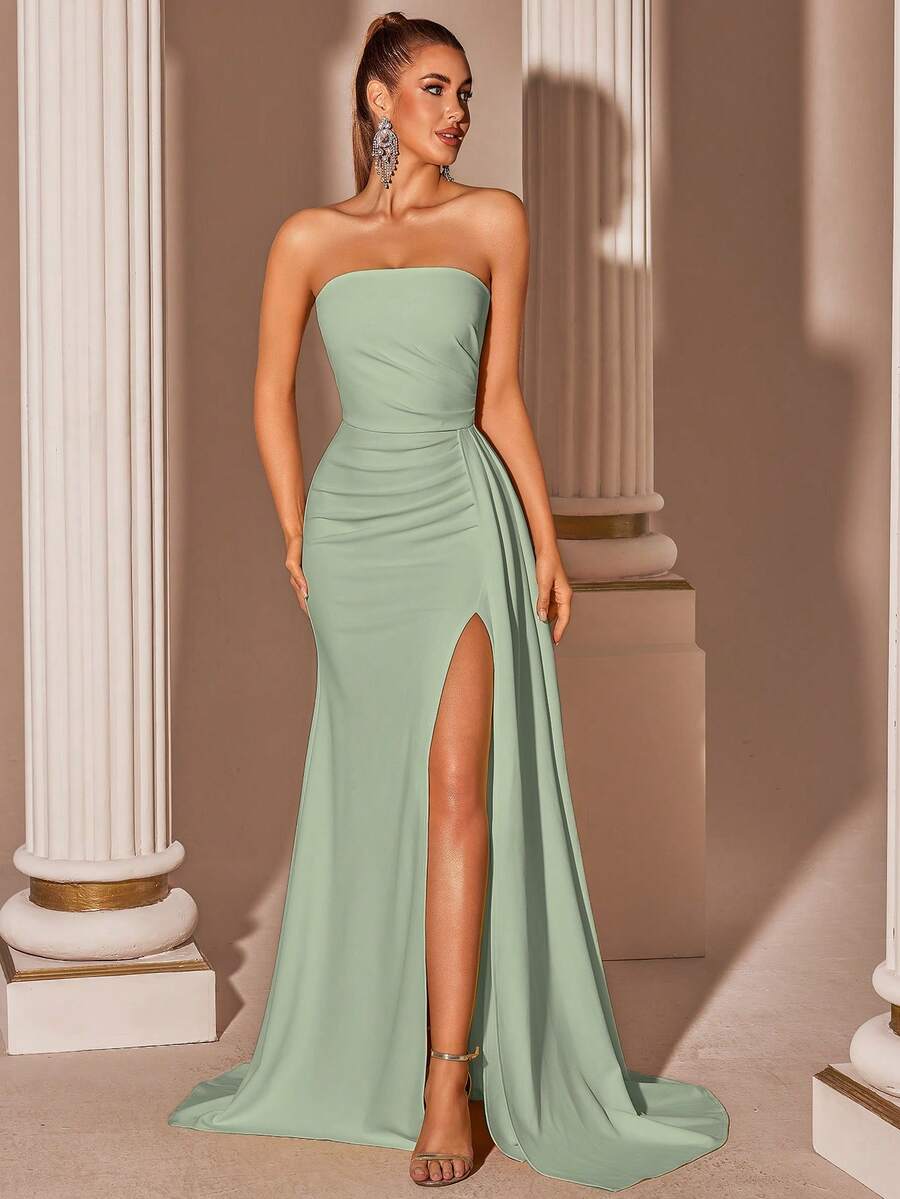 Elisanya 奶油黄色优雅露肩高腰开衩长款系带舞会礼服 - 綠色 - 查看 1