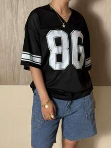 Womens Oversized Jersey Tops Half Sleeve V Neck Letter Graphic Loose T-Shirts Tunics - màu đen - Xem 2