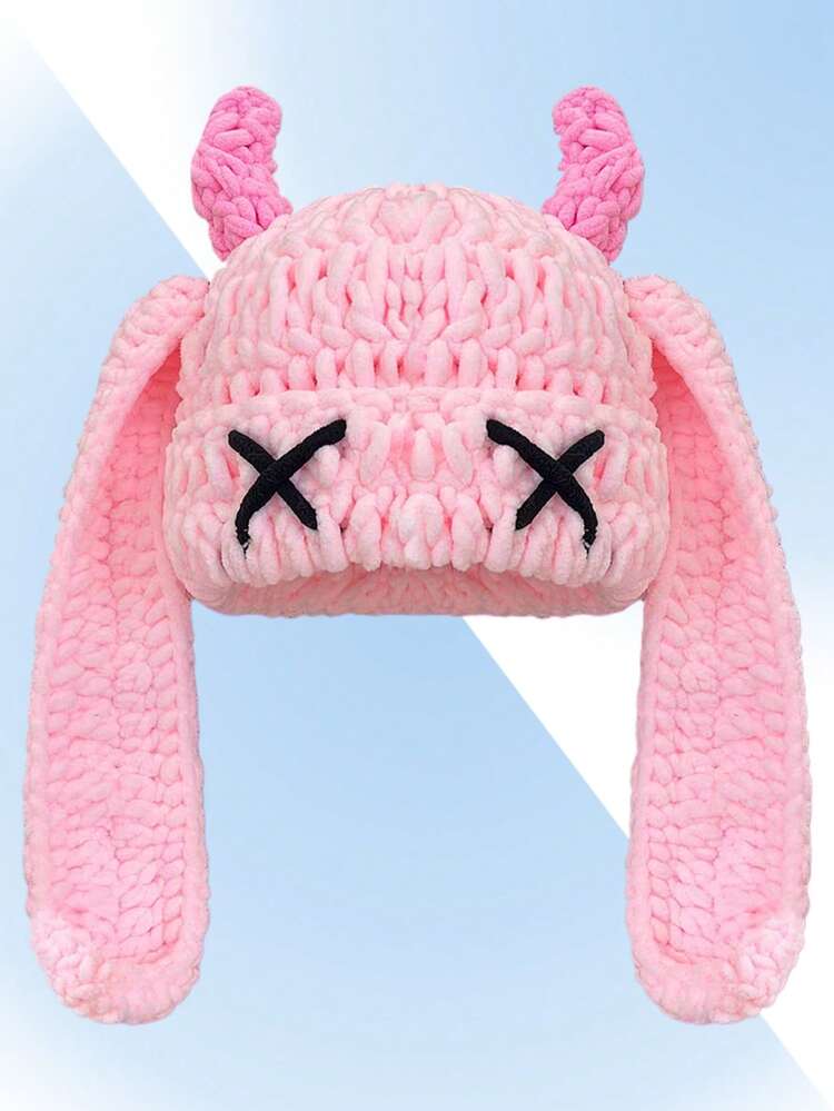 1 件手工钩针编织趣味魔鬼帽，独特街头风格保暖针织帽，男女皆宜，情侣冬季女士 - 長耳搞怪絨線帽 - 查看 9