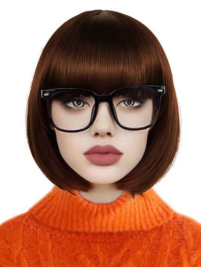 别致的棕色 BoBo 假发，短直发带刘海假发，合成 Bob 假发和眼镜可选，动漫角色扮演万圣节服装派对女性假发哥特流行电影搞笑角色假发，外观自然，无胶舒适，初学者友好，搞笑 COS 道具配件适用于节日狂欢音乐会度假动漫展展览日常假发，生日礼物圣诞节夜总会庆祝装饰