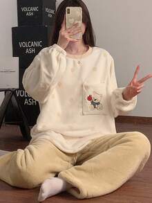 两件套女士黄色波点法兰绒蓬松睡衣套装，卡通熊刺绣，冬季抽绳家居服，舒适保暖服 - 黃色 - 查看 5