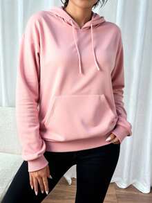 sudadera unicolor con capucha y diseño en los cordones ajustables  Liso    Casual    Bolsillo  Cordón    Colegio - Rosa - Ver 2