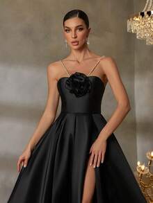 Faeriesty Style Elegant Luxury Stereo Flower Halter Neck Split Thigh Satin Prom Dress – Backless Tie-Belt Design For Weddings, Galas, And Cannes Parties Proms, Red-Carpet Events, And High-End Banquets​,Award Ceremonies