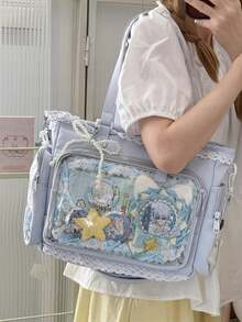 这款日系可爱风单肩包专为女性设计，饰有珍珠蝴蝶结和蕾丝花边，尽显优雅气质。透明材质，适合动漫角色扮演。大容量手提包，配有可拆卸可调节肩带，轻便易携，是学生的理想之选。可爱时尚的手提包、钱包、痛包，可用于购物、聚会、展示动漫周边、旅行、上学等各种场合。 - 藍色 - 查看 6