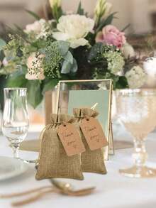 Túi quà bằng vải lanh thô có thể tái sử dụng, có dây rút và thẻ quà tặng, thích hợp làm quà tặng đám cưới, túi đựng trang sức dự tiệc, quà Giáng sinh, đồ thủ công tự làm. - Màu Khaki - Xem 7