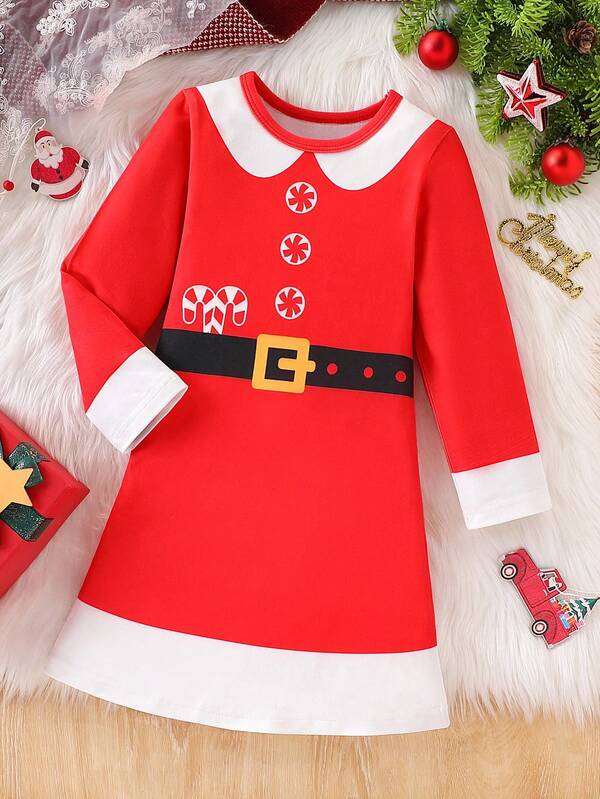 Fantasia de Papai Noel para meninas, vestido de gola redonda e manga comprida, fofo para festa de Natal e uso diário, outono