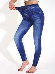 Damen Lässig Minimalistische Leggings, marineblauer Jeans-Muster, hochdehnbar Skinny Hose für Fitness, Workout, Tanz, Yoga, Heimübungen, Stretching, Formung, nahtlos, weich & bequem, geeignet für Outdoor, Radfahren, Laufen, Gehen, Pendeln, elegant & atmungsaktiv