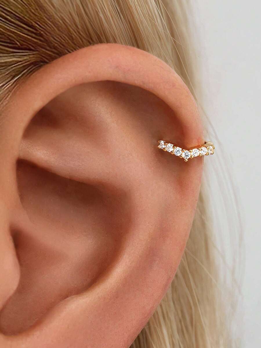 1只925纯银V形锆石耳夹耳环，金色星空耳夹耳环，女士日常佩戴（单只出售，非一对）