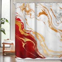 Abstract Marble Ombre Shower Curtain, 66x72 Inch,  Modern Aesthetic Luxury Texture Golden Crack Neutral Bathroom Decor With Hooks - B-紅 - 查看 1