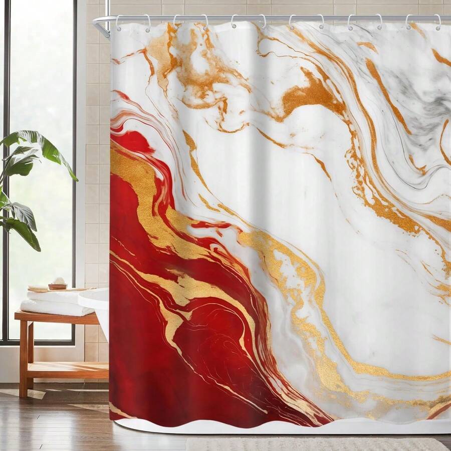 Abstract Marble Ombre Shower Curtain, 66x72 Inch, Modern Aesthetic Luxury Texture Golden Crack Neutral Bathroom Decor With Hooks - B-紅 - 查看 1