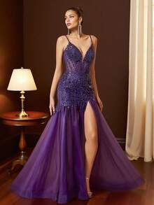 Vestido de graduación azul elegante con paneles, abalorios y lentejuelas - Vestido de fiesta elegante para eventos formales, bodas, cenas y graduaciones para mujeres