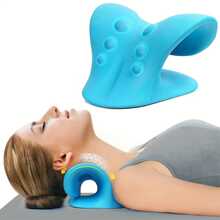 Almohada en Forma de C para Relajación de Cuello y Hombros, Dispositivo de Tracción Cervical para Alivio del Dolor de TMJ y Alineación de la Columna Cervical, Quiropráctico - Azul - Ver 3