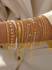 26 pièces/15 pièces/11 pièces/6 pièces Ensemble de bracelets vintage élégants rétro avec style pièce de monnaie, perles, cœur, papillon, cristal, infini, avion, chaîne tressée. Accessoire personnalisé Y2K minimaliste de haute qualité, idéal pour les vacances, les fêtes, les sorties, les cadeaux pour Noël, la Saint-Valentin, la Fête des Mères - Or jaune - Voir 17