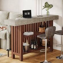 LITTLE TREE 63-Inch Large Home Bar Unit, 2-Tier Mini Bar Table Height Pub Table With Footrest, Modern Coffee Bar Cabinet For Home Kitchen, Bistro, Dining Room, Living Room - Gray and Rustic Brown - View 9