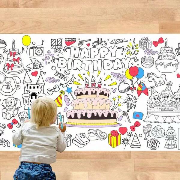 Toalha de mesa infantil para rabiscos de aniversário, pintura para colorir infantil espessa, decoração de festa de desenho animado, toalha de mesa descartável à prova d'água para colorir, papel de desenho multifuncional