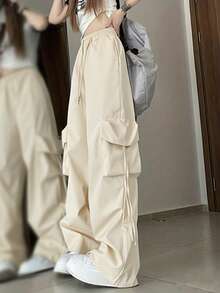 女士休闲宽松纯色口袋抽绳裤，适合日常穿着 - 杏色 - 查看 2