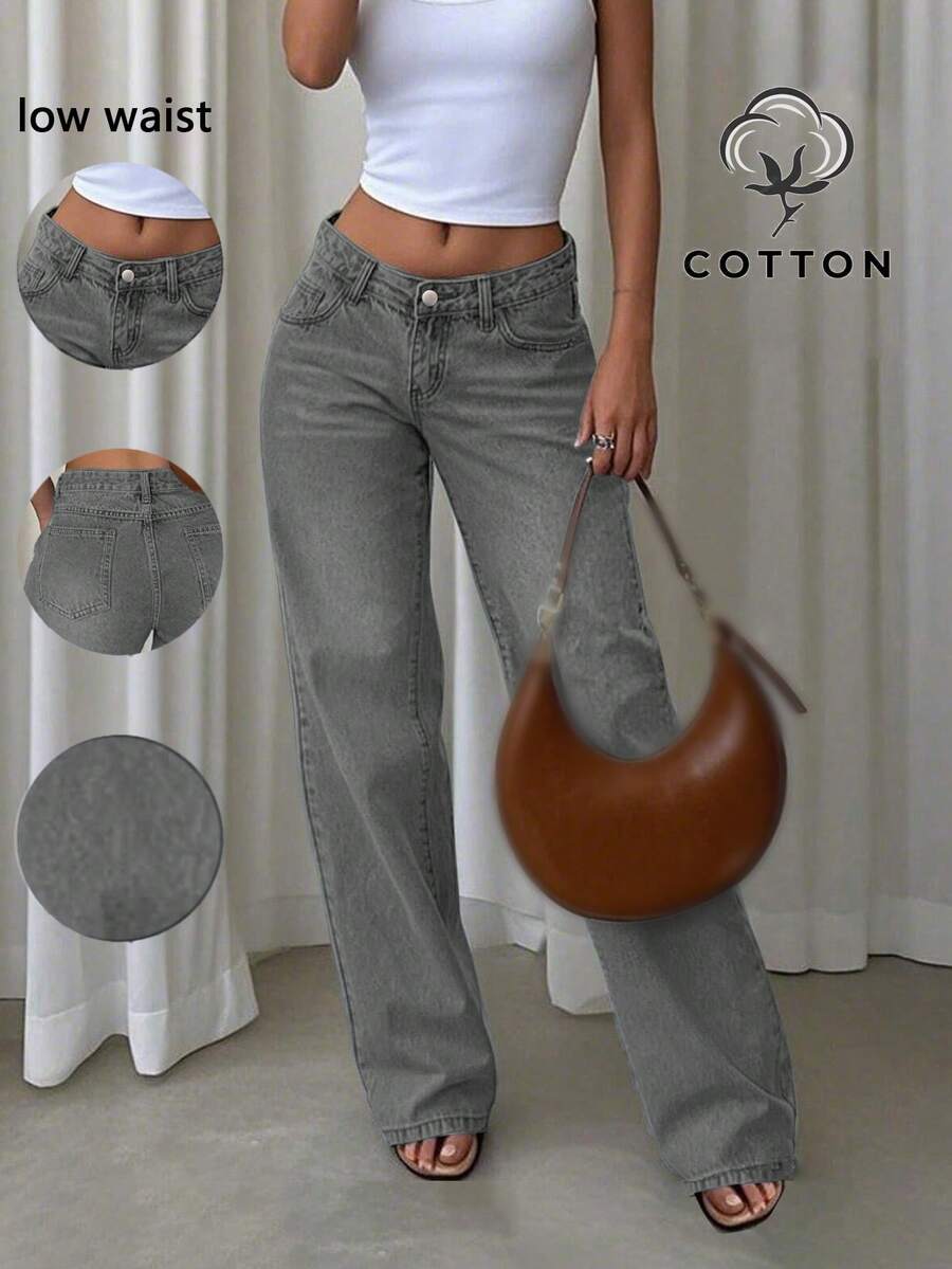 Oversized Loose Low-Waist Straight-Leg Jeans For Women, Bold Bright Color, European & American Street Style - Light Grey - View 1