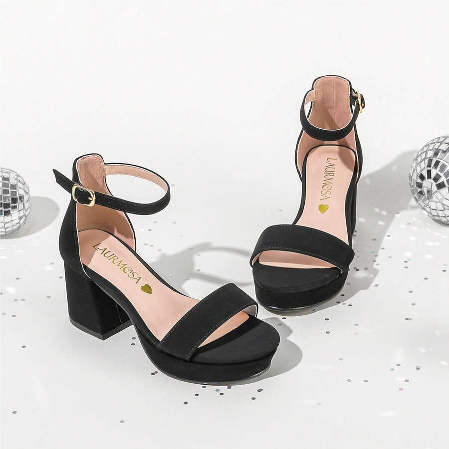 Girls Chunky Heel Strappy Sandals Open Toe Ankle Buckle Dress Shoes For Wedding Party School Little Big Kids - 牛巴革黑色 - 查看 1