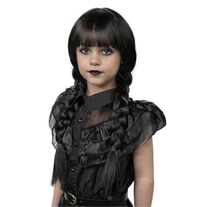Peluca trenzada negra con flequillo, disfraz de Halloween para niñas, peluca para niños