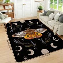 1Pc Butterfly And Moon Print Pattern Mysterious Black Doormat, Plants Pattern Rectangle Quick-Drying Absorbent Polyester Carpet, Suitable For Indoor Outdoor Floor Home Bedroom Bathroom Kitchen And Dining Room Decoration, For Birthday Party Gifts Festival Holiday Courtyard Decor