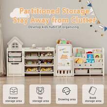 Foldable Kids Toy Storage Organizer With 10 Removable Bins And 3-Tier Bookshelf, 3 In 1 And 4 In 1 Multifunctional Large Toy Organizer With Drawing Board For Kids Bedroom Playroom Living Room - 4 In 1 Off-light Beige - View 6