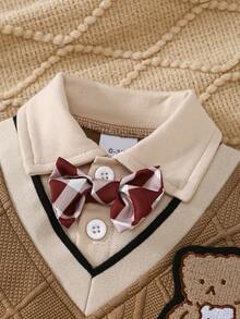 2件套男婴翻领印花3D蝴蝶结小熊刺绣连体衣+裤子套装