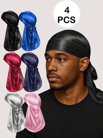 4 Pcs Men's Silk Durag With Elastic Band - Solid Color Fashionable Head Wrap For Casual Comfort,Breathable, Soft Unisex Pirate-Style Bandana Headwear Pirate Hat Pirate Costume,Breathable And Comfortable With Extra Long Tail For Waves, Running, Cycling, Hiking, Camping, Christmas Pirate Hat