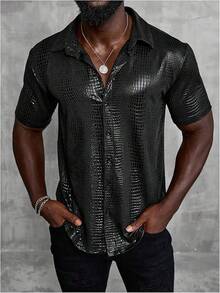 Men's 70s Disco Top Pattern Button Down Short Sleeve Shirt Rave Party PU Leather-Shirt - Black - View 4
