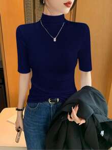 Women's Knit Blouse, High Neck, Plain Half Sleeve, Ribbed Fabric, Size S, M, L - Màu xanh lam - Xem 4