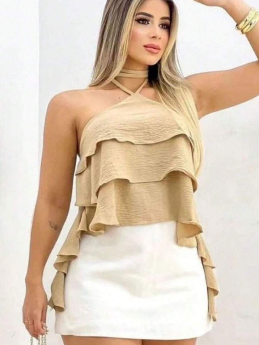 Caroline Women's 3-Ruffle Crop Top With Tie At The Neck - Beige - View 1