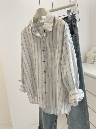 女式条纹纽扣前口袋休闲衬衫，秋季