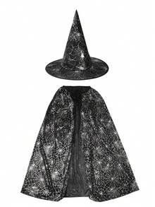 Set da 3 pezzi Mantello, cappello da strega con ragno viola e zucca per travestimento di Ognissanti