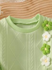 2 件套女婴时尚韩版休闲绿色花卉装饰纹理运动衫和不对称下摆裤子套装，秋冬 - 綠色 - 查看 3