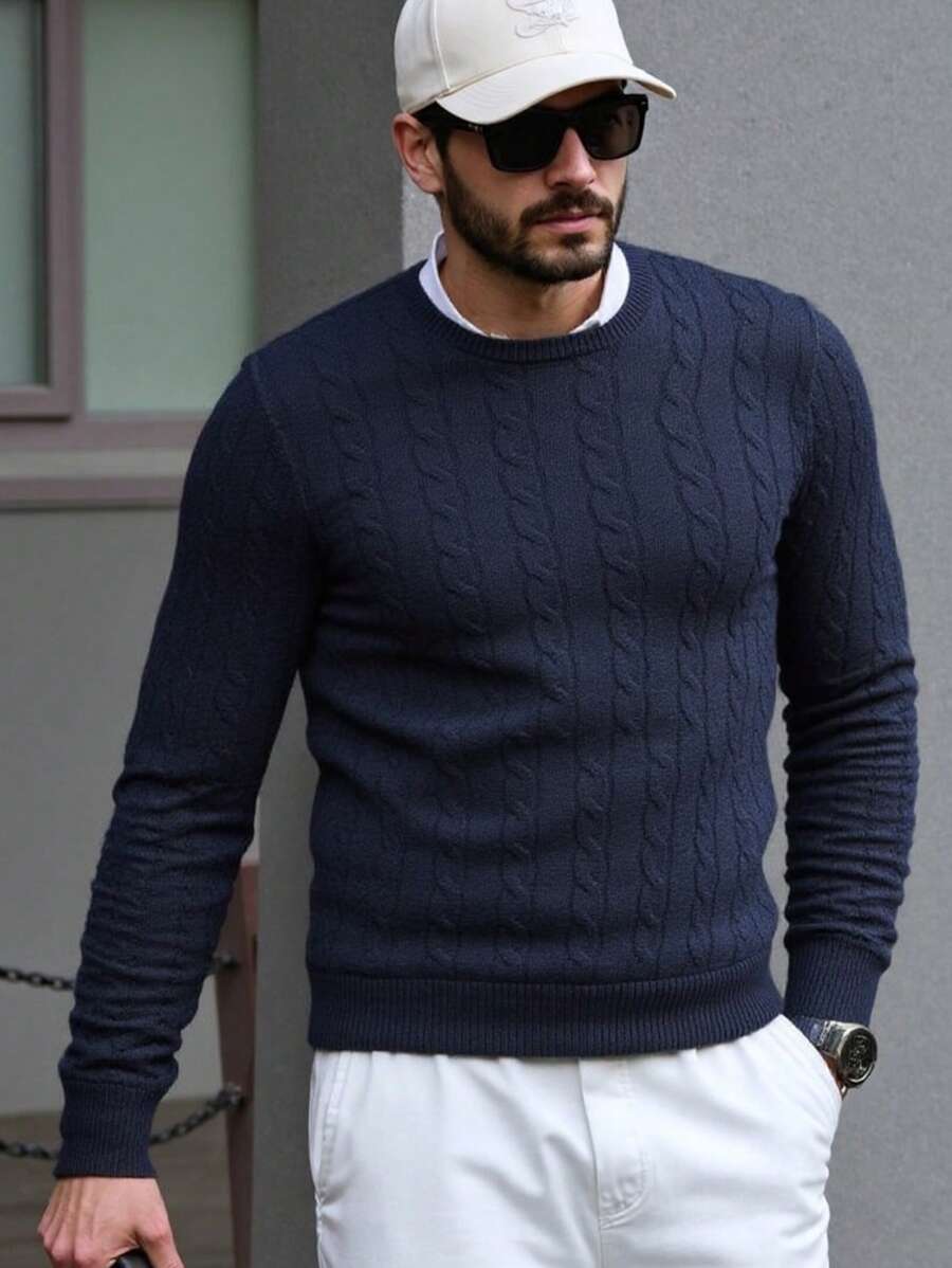 Maglione girocollo casual e versatile in maglia a torsione di colore unito da uomo