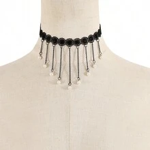 1 PC Dark Retro Imitation Pearl Lace Neck Chain With Stylish Metal Chain And Tassel Necklace - 彩色 - 查看 10