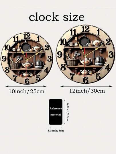 2D Flat 10/12 Inch Wooden Wand Klok Kitchen Utensils Silent, Battery Powered, No Drip Sound, Perfect Kitchen, Bathroom, Living Room (Battery Not Included), ative view 5