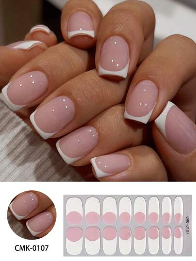 16 قطعة شرائط أظافر جل فرنسية خالية من الأشعة فوق البنفسجية، ملصقات أظافر جل ذاتية اللصق بلون وردي وأبيض بسيط، بدون أضرار الأشعة فوق البنفسجية، سهلة التزيين، ملصقات أظافر للنساء للاستخدام اليومي DIY في المنزل