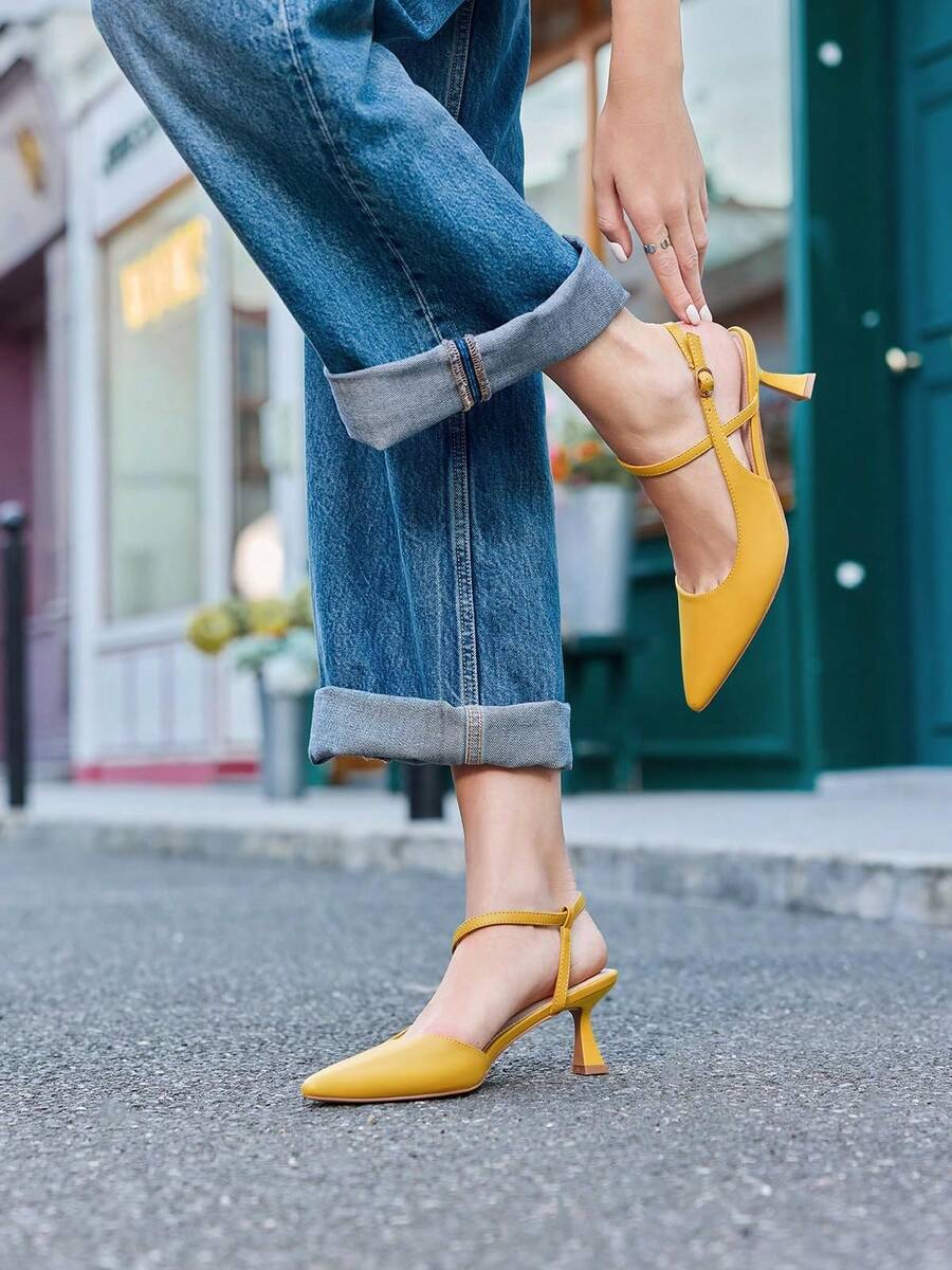 Womens Low Kitten Heel Closed Pointed Toe Slingback Pumps Heels Slip On Heeled Sandals Dress Shoes - Màu vàng - Xem 1