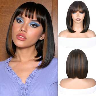 Straight Bob Wig With Bangs Short Straight Synthetic Wig For Women Daily Use 12 Inch Black Mix Brown For Daily Party ,Halloween, Cosplay,Christmas, Parties, Etc.