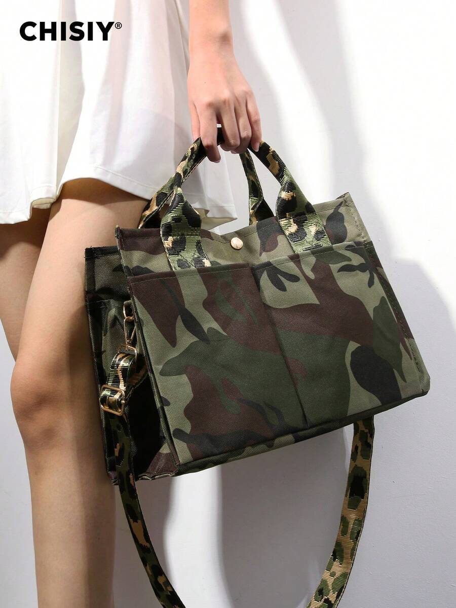 CHISIY Original Osaka Camouflage Patchwork Military Green Fabric Minimalist Handbag, Fashion Briefcase, Large Capacity Women's Commuter Bag, Casual Student Shoulder Bag, Suitable For Office Ladies, Shopping, Travel, Picnic, All Seasons Crossbody Bag