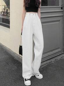 Women's New Loose Fit Straight Leg Jeans, Slimming, Casual, Autumn/Winter - White - View 2