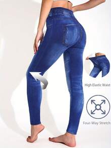 Damen Lässig Minimalistische Leggings, marineblauer Jeans-Muster, hochdehnbar Skinny Hose für Fitness, Workout, Tanz, Yoga, Heimübungen, Stretching, Formung, nahtlos, weich & bequem, geeignet für Outdoor, Radfahren, Laufen, Gehen, Pendeln, elegant & atmungsaktiv