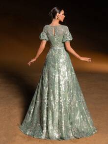 GIFORU Luxury Pastel Green Floral Sequin Gown - Puffed Sleeves A-Line Evening Dress With V Back & Crystal Embroidery For Art Gallery Openings, Vienna Balls And Luxury Galas Wedding Prom Dress Wedding Dresses For Bride Formal Dresses For Women White Dress New Year Elegant Dresses For Party Elegant Long Graduation Dress Sparkly Dress - Cỏ xanh - Xem 3
