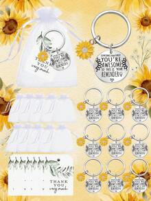1pc/8pcs/16pcs/24pcs Inspirational Sunflower You're Awesome Key Chain Gift Set,Inspirational Sunflower Keychain Gifts,With Stainless Steel Key Chain,Green Leaf Thank You Card, White Organza Gift Bag - Multicolor - View 2