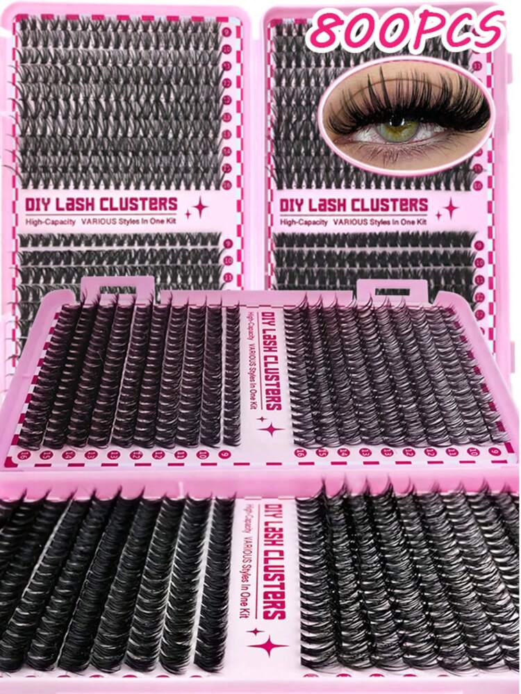 800/280pcs Mixed Length False Eyelashes, Including 30D, 40D, 60D, 80D Lash Clusters, Comes With Eyelash Glue And Brush, Suitable For DIY At Home, Beginner-Friendly, Natural & Thick, Ideal For Creating Bold Makeup Looks. Eyelash Cluster Set, Eyelashes, False Eyelashes - Black - View 7