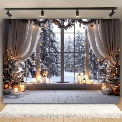 1pc,2Dflat, Christmas Wonderland Background - Snowy And Winter Window View Of Christmas Tree, Perfect For Living Room And Outdoor Decoration, Photo Booth Background, No Power Required
