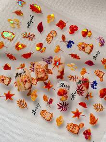 1 秋冬季节，激光和贝壳灯美甲贴纸，采用黄色和红色设计风格以及温暖的枫叶风格颜色，适合美甲爱好者收藏和女士和女孩DIY使用 - 彩色 - 查看 3