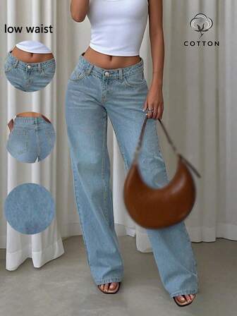 Kadınlar İçin Büyük Boy Bol Paça Düşük Bel Düz Paça Kot Pantolon, Cesur Parlak Renk, Avrupa ve Amerikan Sokak Stili