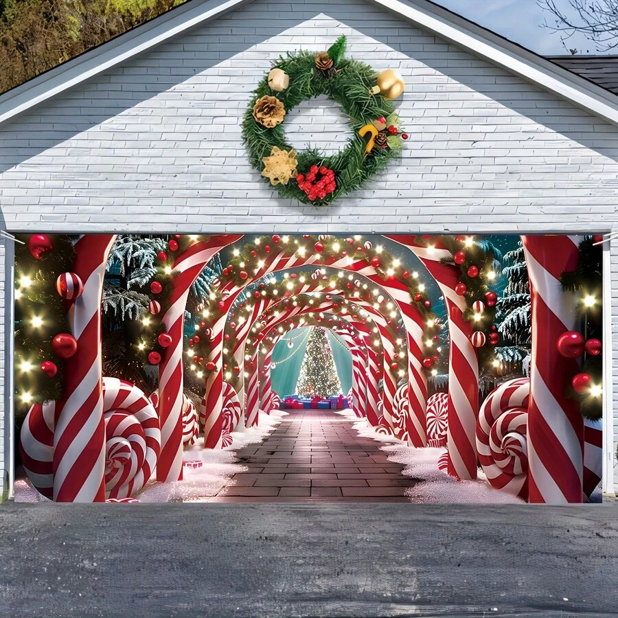 1pc Christmas Garage Door Banner Decoration - Seasonal Holiday Candy Cane And Christmas Tree Design - Easy To Install, No Electricity Required - Suitable For Homes, Yards, Photo Booths, Parties, Weddings - Christmas Red, White, Green Decoration